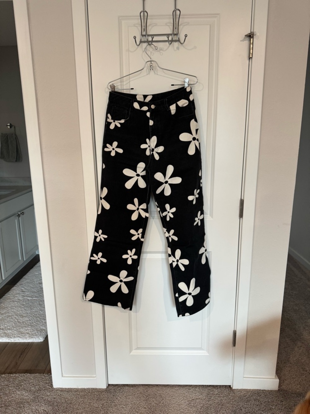 Black Wide Leg Jeans with White Floral Print